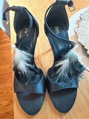 Zara Black Sandal Heels with Two-Tone Feather Tassels